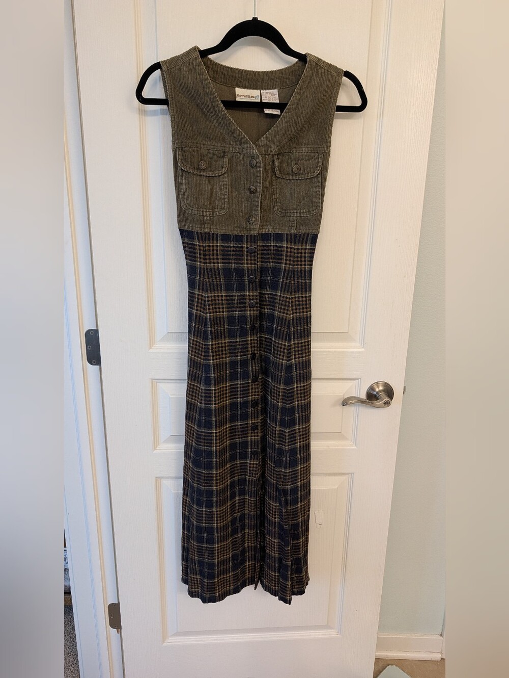 Vintage Kathy Ireland Olive Corduroy & Navy Plaid Button-Front Dress